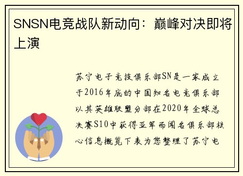 SNSN电竞战队新动向：巅峰对决即将上演